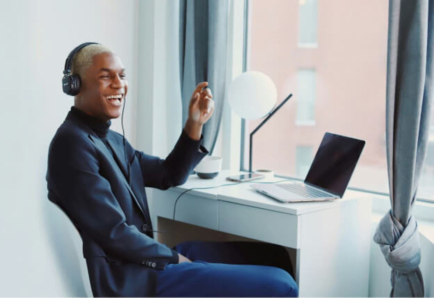 Portrait of adult male working  from home at night